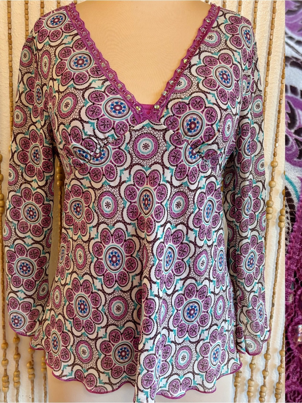 Y2K Jordache Purple Blue Paisley Floral V Neck Fairy Bell Sleeve Sequin Beaded